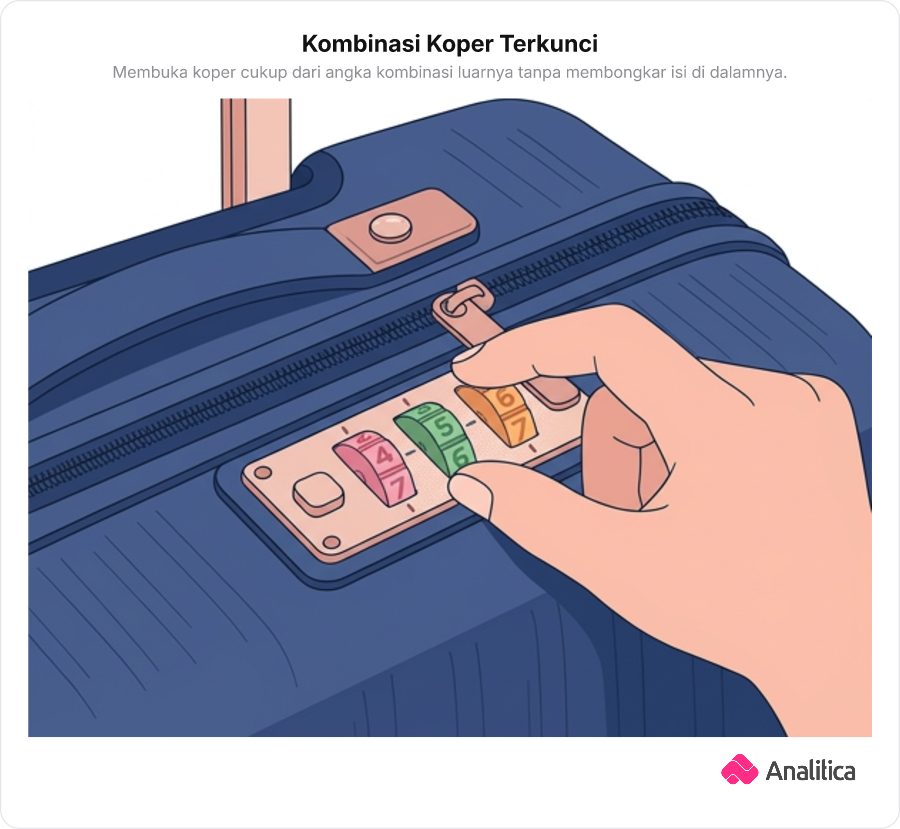 Ilustrasi sebuah koper tertutup dengan gembok kombinasi angka putar di bagian luarnya.
