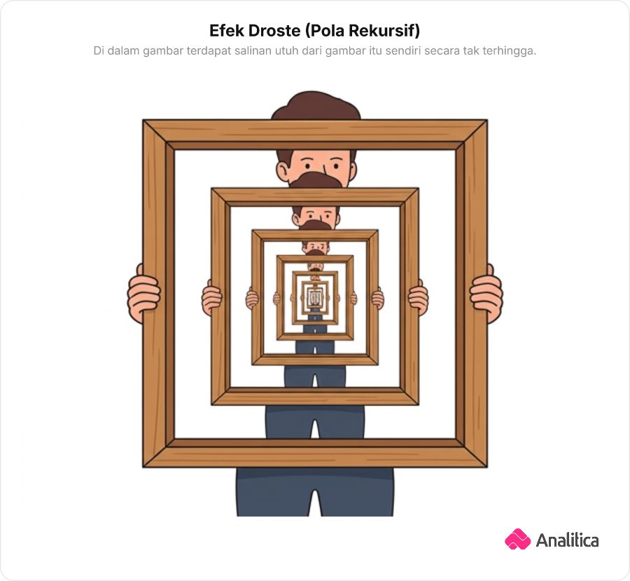 Ilustrasi efek Droste yang memperlihatkan rekursi tanpa batas pada bingkai gambar.