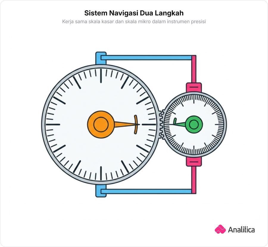 Ilustrasi konseptual sistem dua dial yang melambangkan pembagian kerja skala makro dan mikro untuk menentukan presisi.