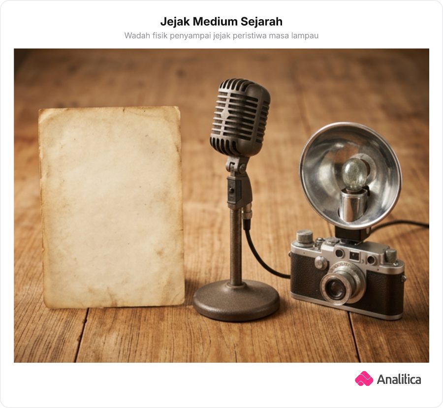 Kolase vintage elemen Proklamasi: secarik kertas naskah, mikrofon kuno, dan kamera analog era 1940-an