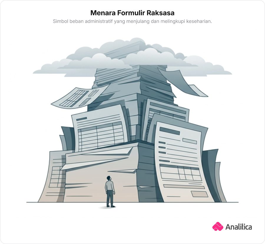 Ilustrasi satir seseorang tampak kecil berdiri di depan tumpukan formulir kosong raksasa yang menjulang tinggi seperti menara.