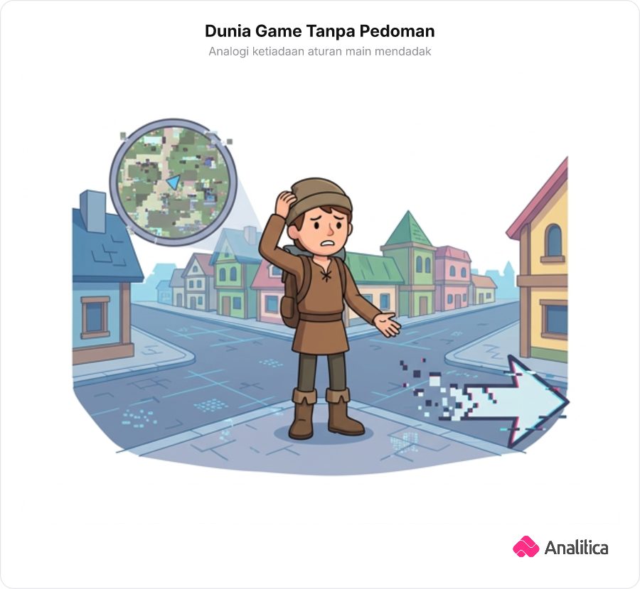 Seorang karakter video game berdiri kebingungan di dunia game yang kehilangan antarmuka panduan arah dan mengalami glitch visual.
