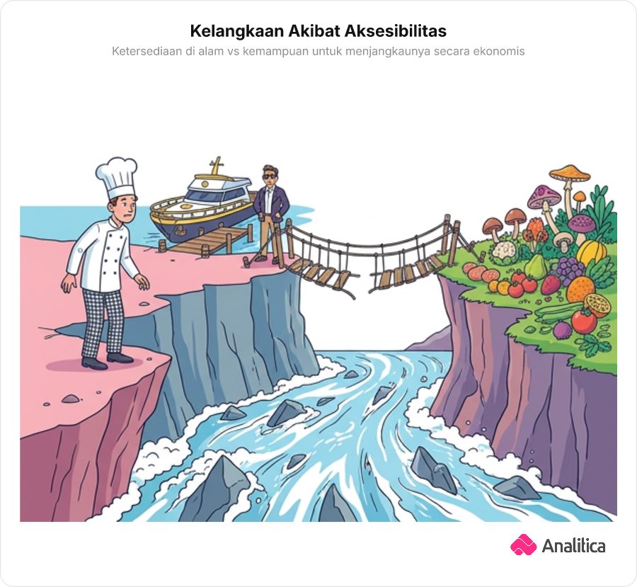 Analogi aksesibilitas sumber daya: koki di tepi sungai beraliran deras memandang bahan makanan berharga di seberang yang membutuhkan biaya perahu mahal untuk dicapai
