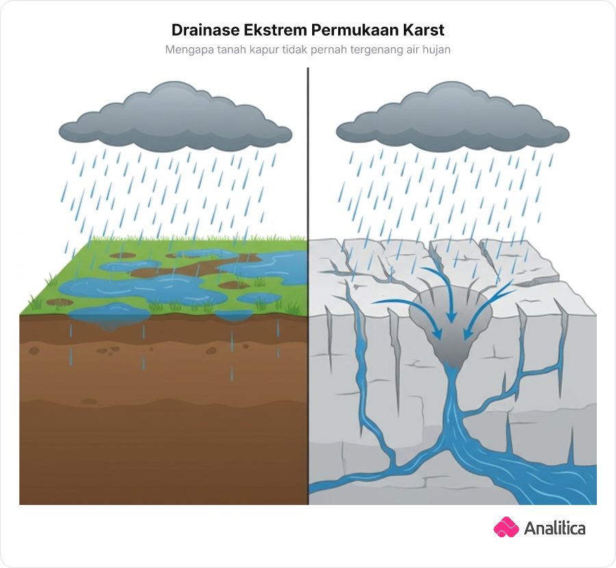 Perbandingan permukaan tanah biasa yang menampung genangan air hujan versus tanah perbukitan karst yang langsung menyerap air hujan ke dalam rekahan batu gamping layaknya wastafel.