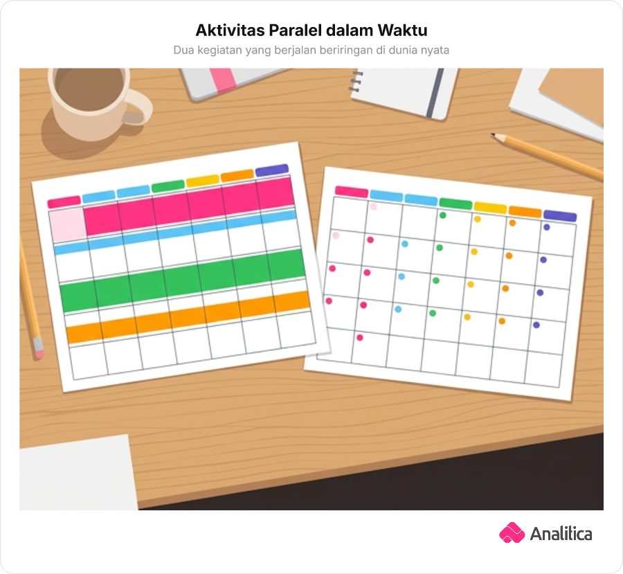 Ilustrasi dua kalender bulanan berdampingan yang memperlihatkan rentang waktu pengerjaan proyek sebulan penuh dan jadwal latihan basket mingguan di bulan yang sama.