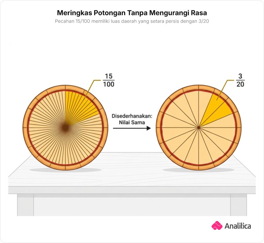 Ilustrasi visual analogi pecahan 15/100 yang digabung menjadi 3/20 dengan ukuran luas daerah yang sama persis