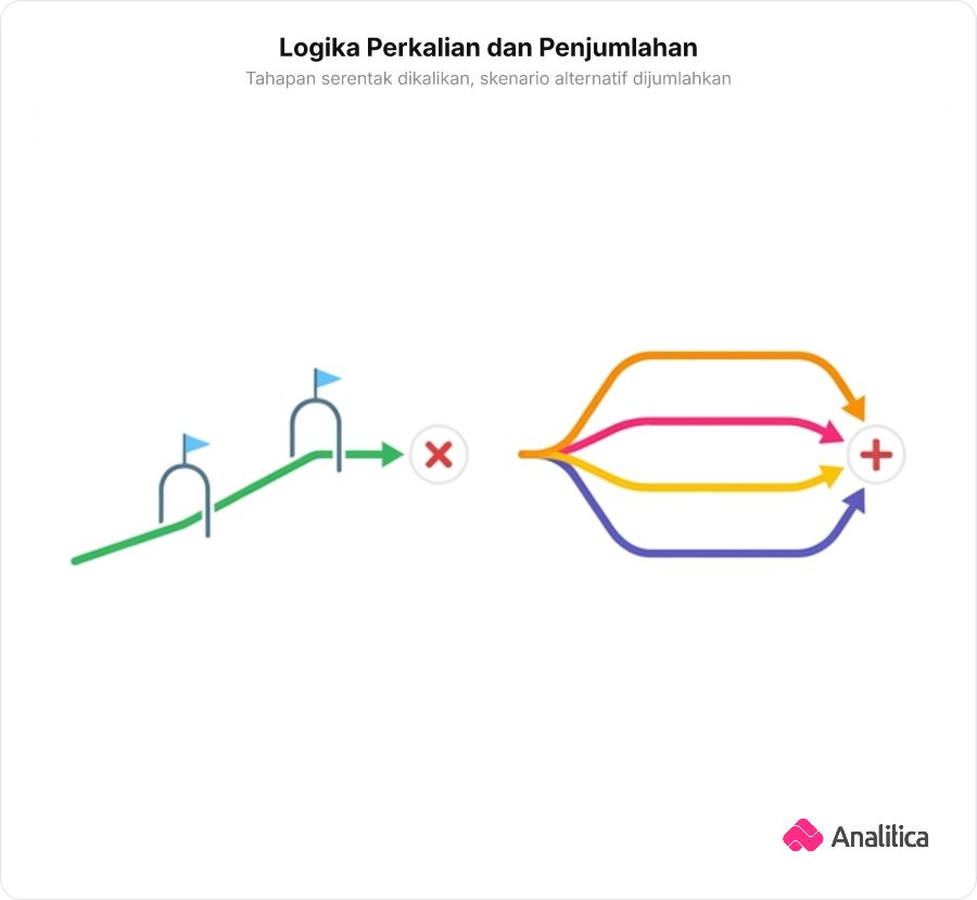Ilustrasi konsep aturan perkalian jalur bertahap dan aturan penjumlahan jalur alternatif