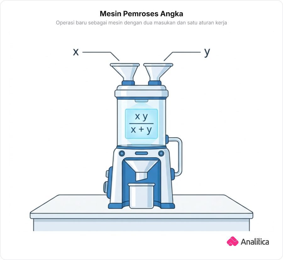 Ilustrasi mesin blender futuristik konseptual yang memproses dua bahan x dan y sesuai formula aturan matematika.
