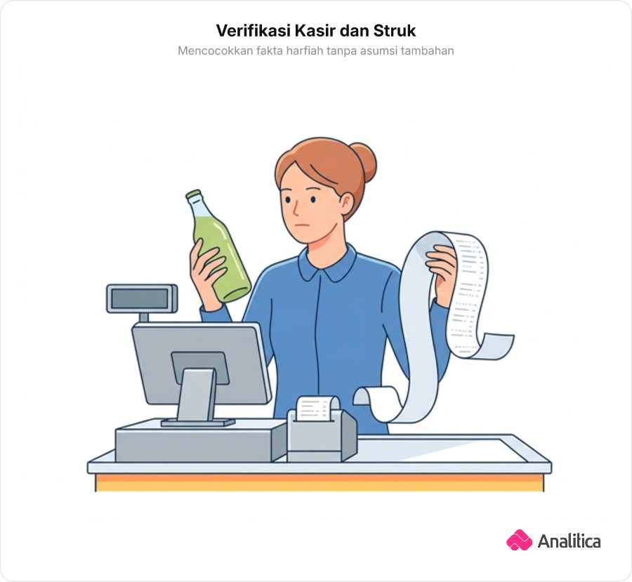 Seorang kasir dengan ekspresi fokus dan netral sedang mencocokkan barang belanjaan dengan daftar pada gulungan struk belanja panjang.
