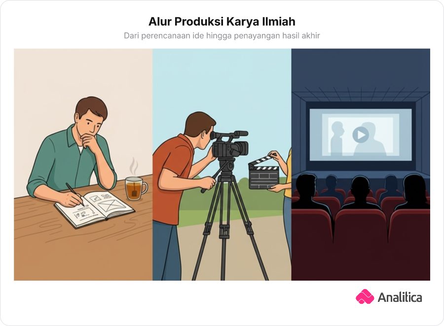 Tiga panel ilustrasi yang menggambarkan fase pra-produksi, produksi, dan pasca-produksi karya dokumenter.