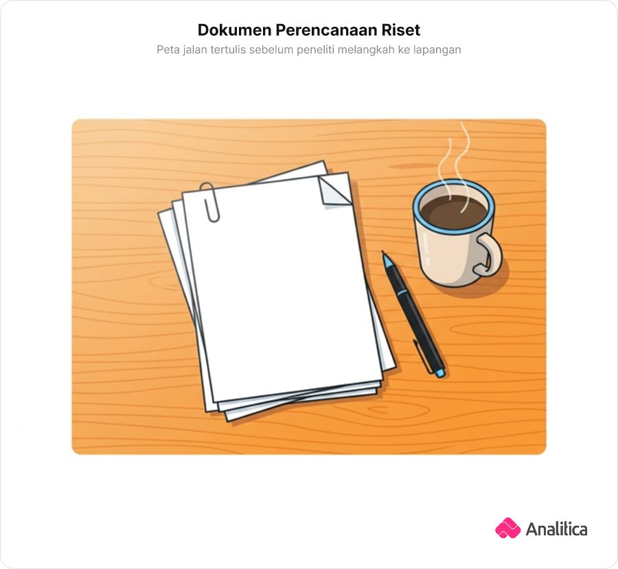 Setumpuk kertas rancangan kerja di atas meja kerja kayu dengan pena dan cangkir kopi.