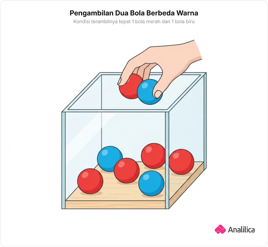 Ilustrasi tangan mengambil satu bola merah dan satu bola biru secara bersamaan dari dalam kotak yang berisi bola merah dan biru.