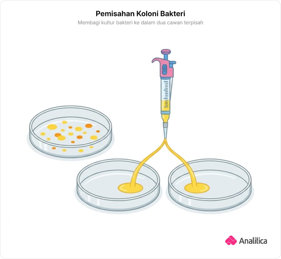 Ilustrasi pemisahan kultur bakteri dari satu cawan petri menjadi dua cawan petri baru di laboratorium.