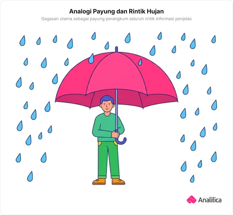 Seseorang memegang payung besar yang menaungi berbagai tetesan hujan di sekitarnya.