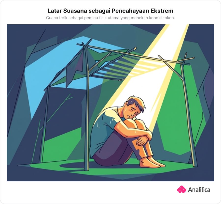 Ilustrasi dramatis seseorang berteduh kepanasan dengan terik matahari yang menyengat dari atas seperti lampu sorot panggung.