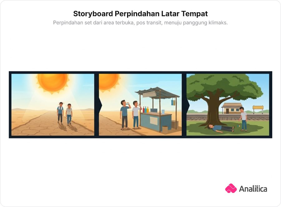 Skema storyboard film tiga panel yang memperlihatkan perpindahan latar tempat dari jalan panas, warung minuman, hingga bawah pohon.