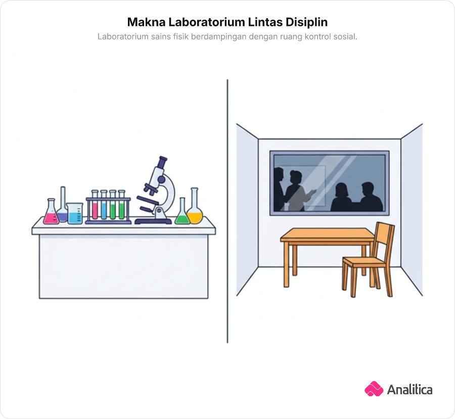 Dua panel menyandingkan laboratorium kimia steril dengan ruangan pengamatan sosial berkaca dua arah tanpa tulisan.