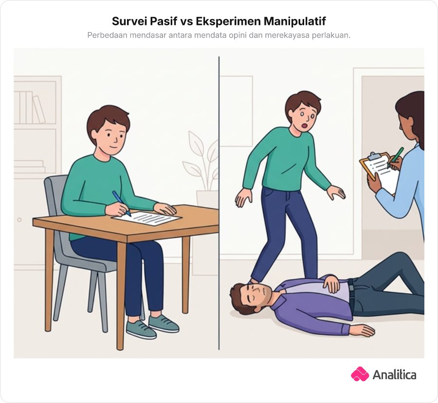 Ilustrasi kontras antara pengisian kuesioner survei pasif dan eksperimen sosial dengan rekayasa situasi aktor pura-pura pingsan.