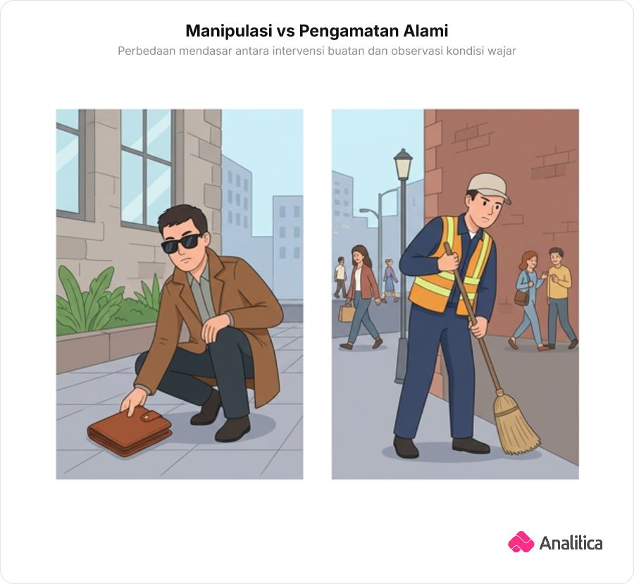 Dua panel ilustrasi pendekatan penelitian: panel kiri detektif memasang umpan dompet di jalan, panel kanan detektif menyamar sebagai petugas kebersihan mengamati sekitar secara alami.