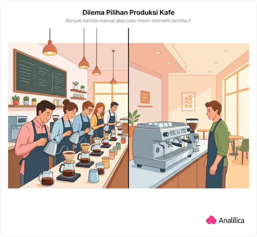 Ilustrasi perbandingan kafe padat karya dengan banyak barista dan kafe padat modal dengan mesin espresso otomatis.