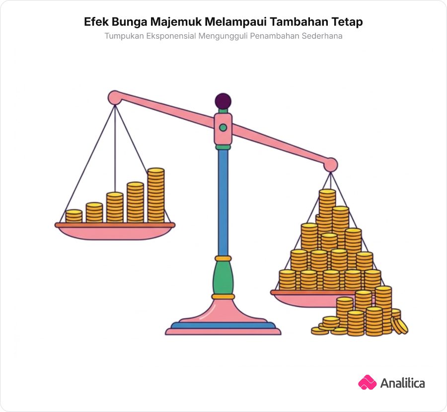 Ilustrasi analogi timbangan koin membandingkan penambahan tetap dengan penambahan bertingkat eksponensial