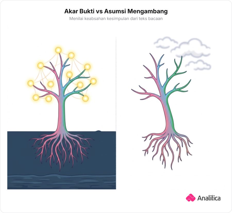 Ilustrasi konsep perbedaan inferensi berakar kuat versus asumsi yang melayang tanpa dasar bukti.