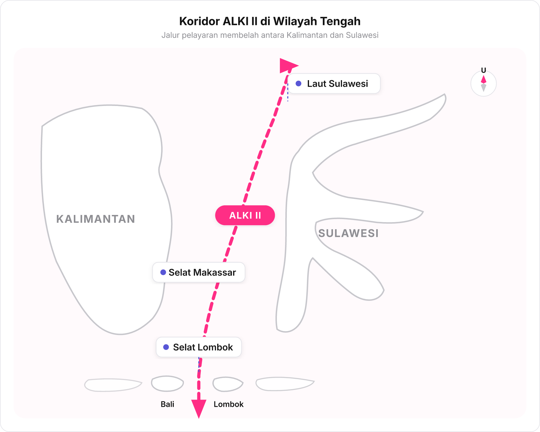 Peta rute ALKI II melintasi Selat Lombok, Selat Makassar, dan Laut Sulawesi