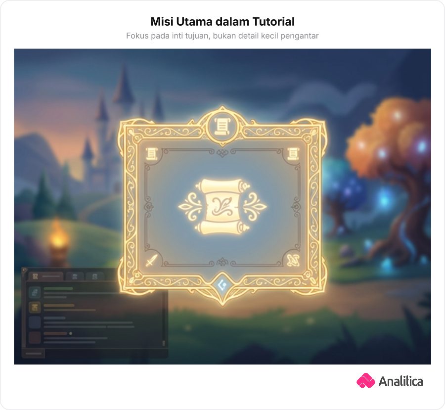 Ilustrasi layar tutorial game RPG yang menampilkan fokus pada misi utama di tengah layar dan mengabaikan catatan sampingan.