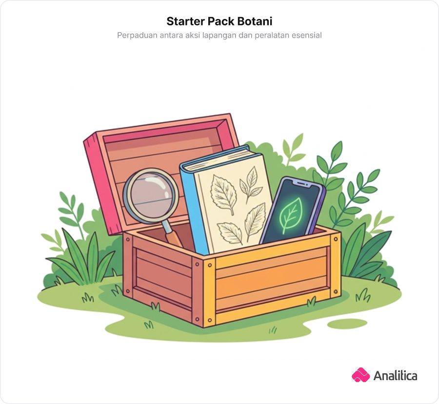 Ilustrasi peti starter pack petualangan yang terbuka berisi perlengkapan botani seperti kaca pembesar, buku lapangan, dan ponsel pintar.