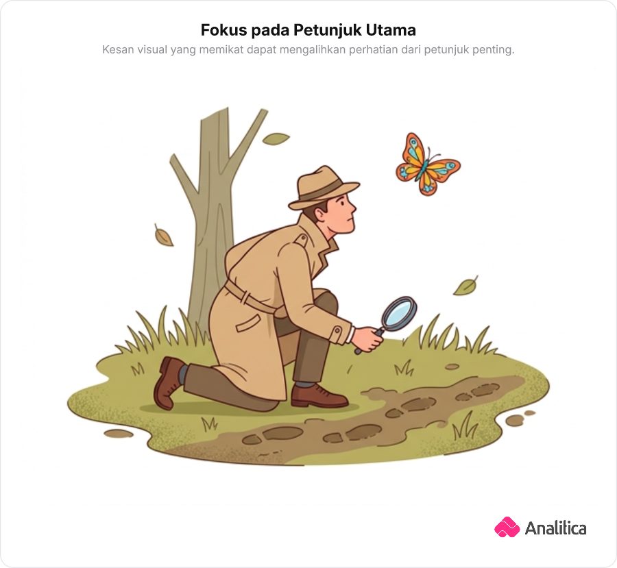 Ilustrasi detektif yang teralihkan oleh kupu-kupu saat memeriksa jejak di tanah.