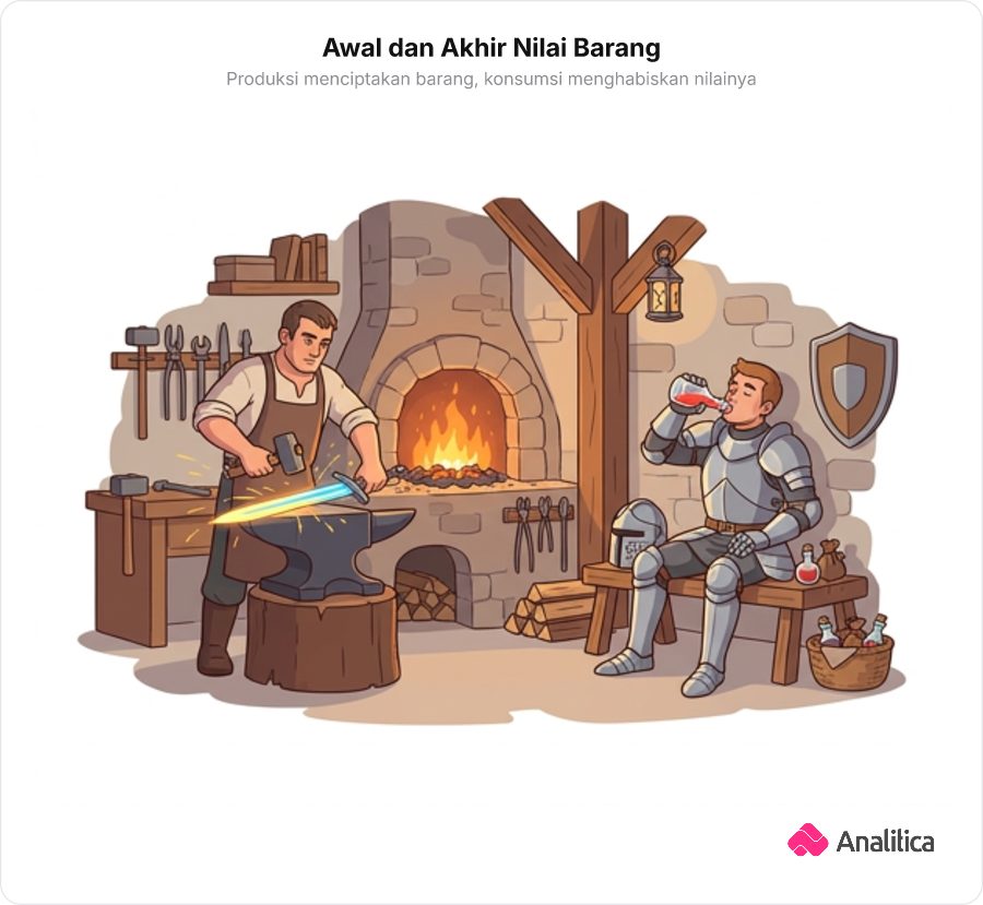 Ilustrasi seorang pandai besi membuat pedang dan seorang ksatria meminum ramuan ramuan obat di dunia game fantasi.