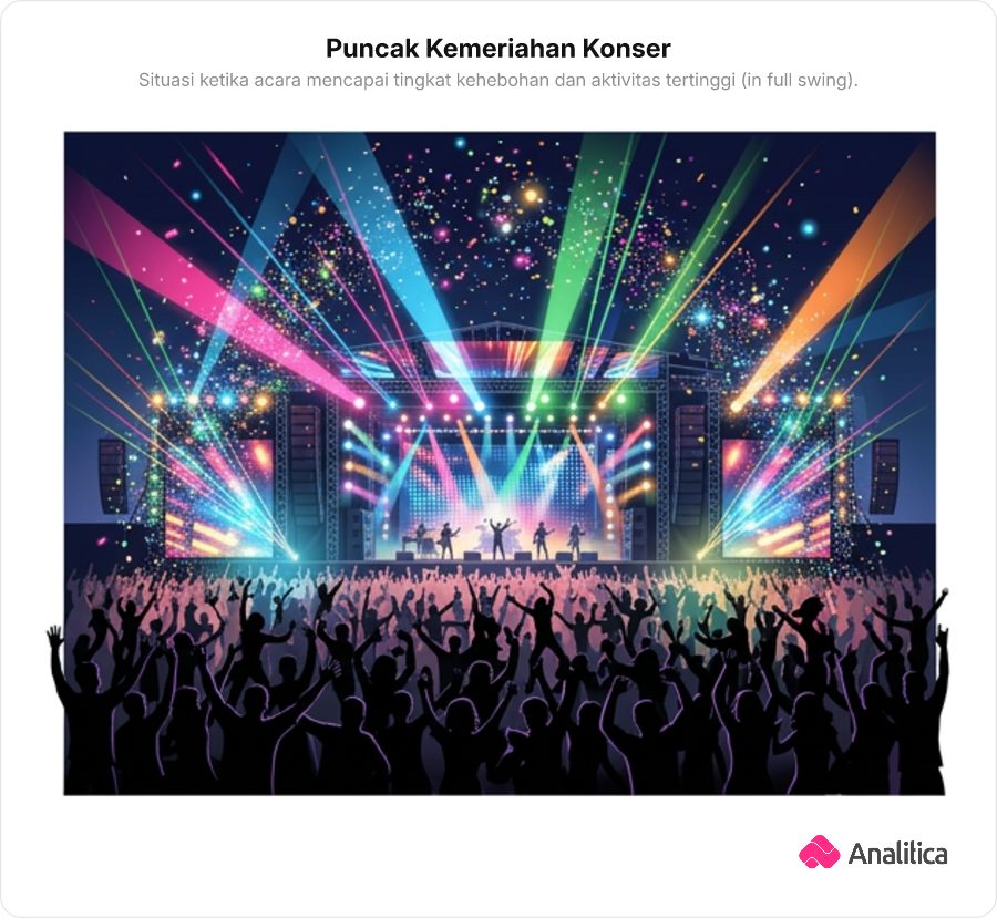 Ilustrasi suasana puncak kemeriahan konser musik malam hari di panggung megah berlampu sorot terang dengan ribuan penonton bersorak.