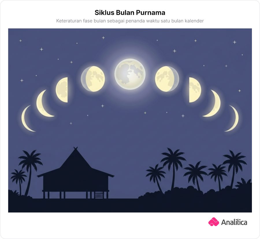 Ilustrasi kalender fase bulan tradisional dari bulan sabit hingga bulan purnama di langit malam.