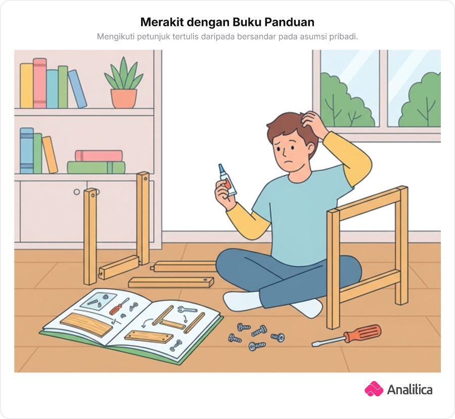 Ilustrasi seseorang merakit meja sambil memegang lem super yang tidak ada di panduan perakitan.