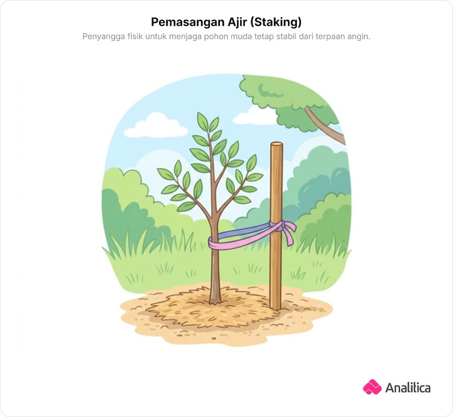 Pohon muda yang baru ditanam dengan tiang pancang kayu di sampingnya dan diikat longgar dengan pita pelindung.
