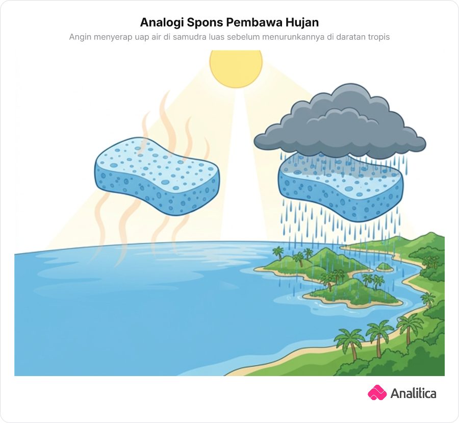 Ilustrasi analogi spons raksasa melayang di atas samudra menyerap uap air dan menurunkan hujan di atas pulau hijau tropis.