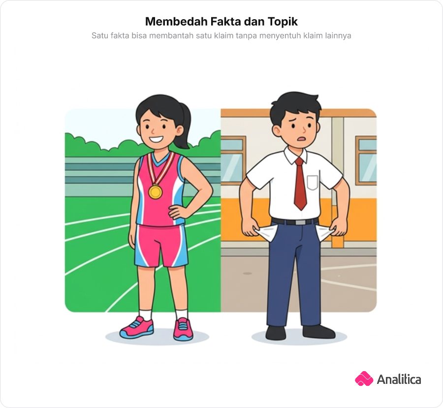 Dua siswa berdiri bertolak belakang, satu pelari berkalung medali emas dan satu lagi memeriksa saku kosong