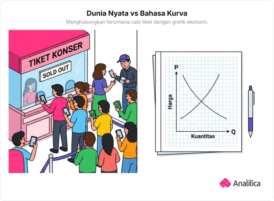 Ilustrasi split screen membandingkan antrean war tiket konser yang ramai dengan grafik kurva ekonomi di atas meja.