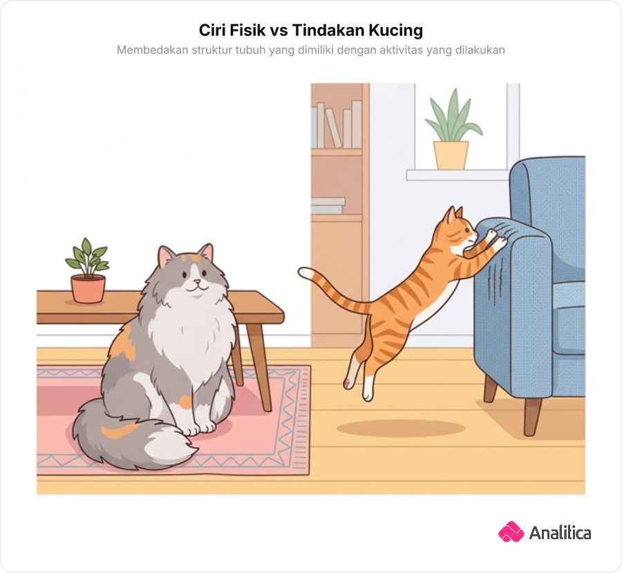 Ilustrasi dua kucing: satu kucing berbulu lebat sedang duduk tenang dan satu kucing sedang aktif melompat mencakar sofa