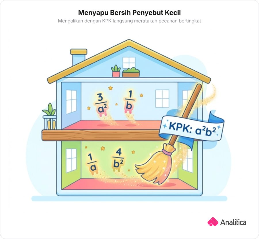 Ilustrasi konseptual sapu ajaib matematika yang menyapu bersih pecahan kecil dari rumah bertingkat.