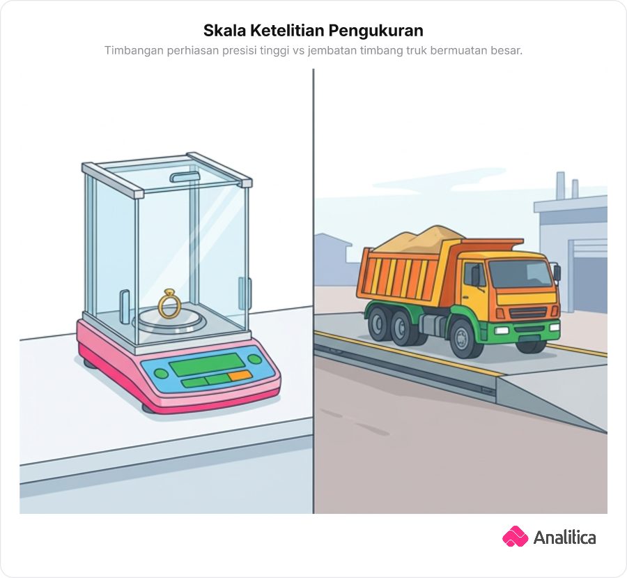 Dua skala timbangan: timbangan presisi perhiasan emas dan jembatan timbang besar untuk truk.