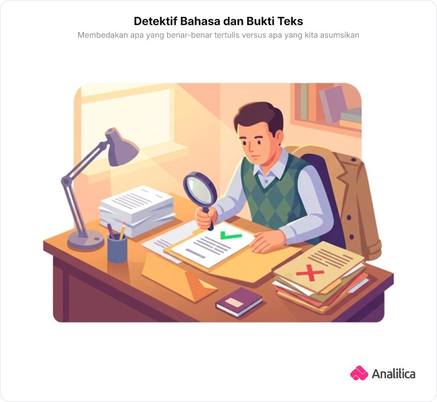Ilustrasi detektif memeriksa berkas teks bacaan dan mengabaikan opini di luar teks.