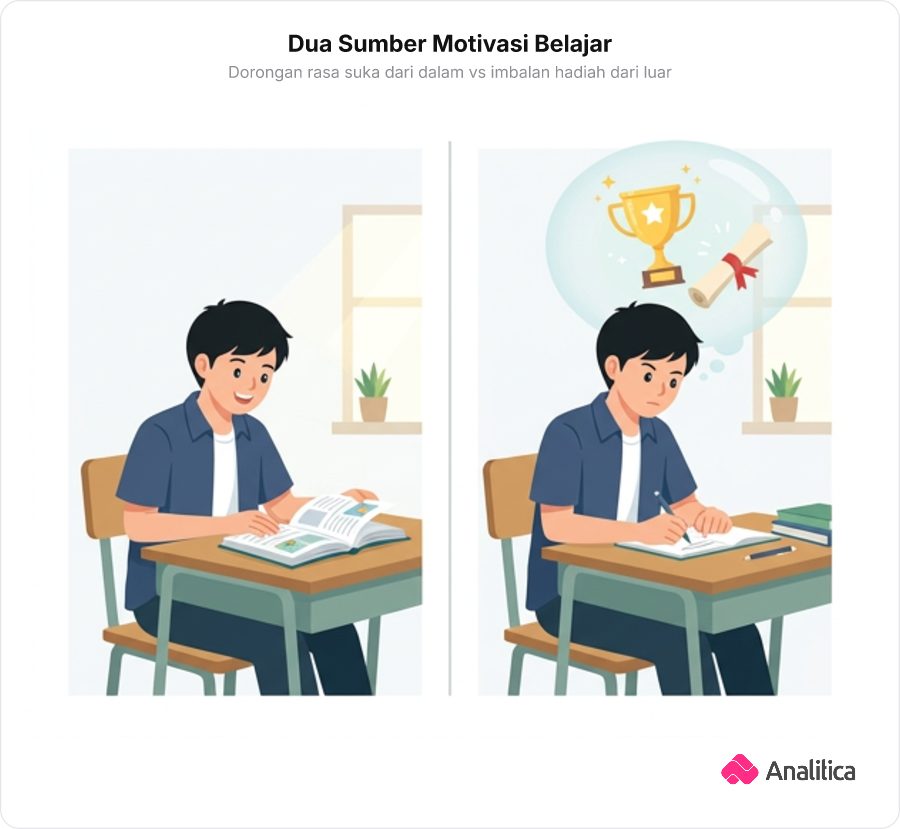 Ilustrasi dua panel yang membandingkan siswa belajar karena menikmati materi dengan siswa belajar demi piala dan penghargaan.