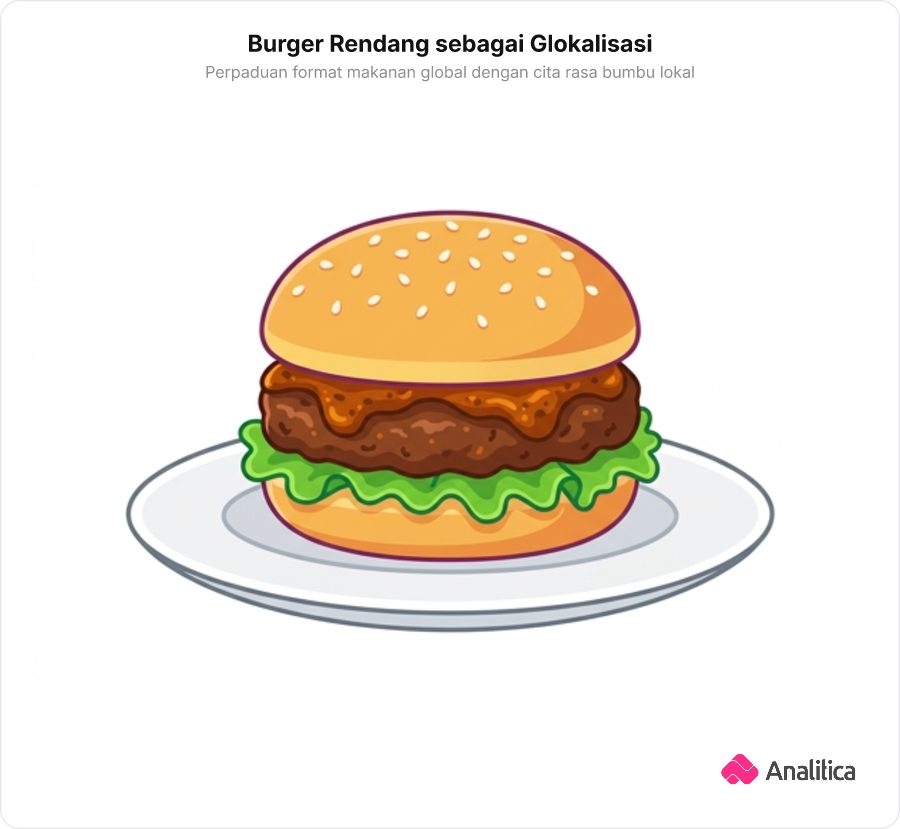 Burger lezat dengan isian daging rendang berbumbu pekat kecokelatan di atas piring saji