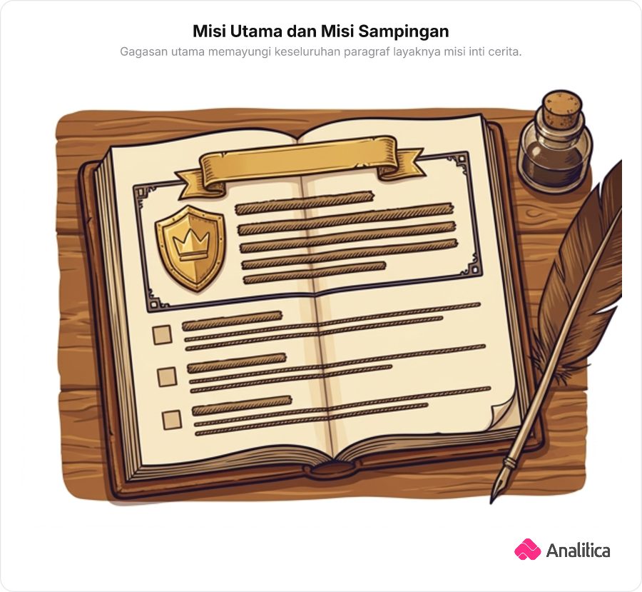 Ilustrasi buku jurnal petualangan fantasi terbuka yang membedakan misi utama besar di atas dan misi-misi sampingan kecil di bawahnya.