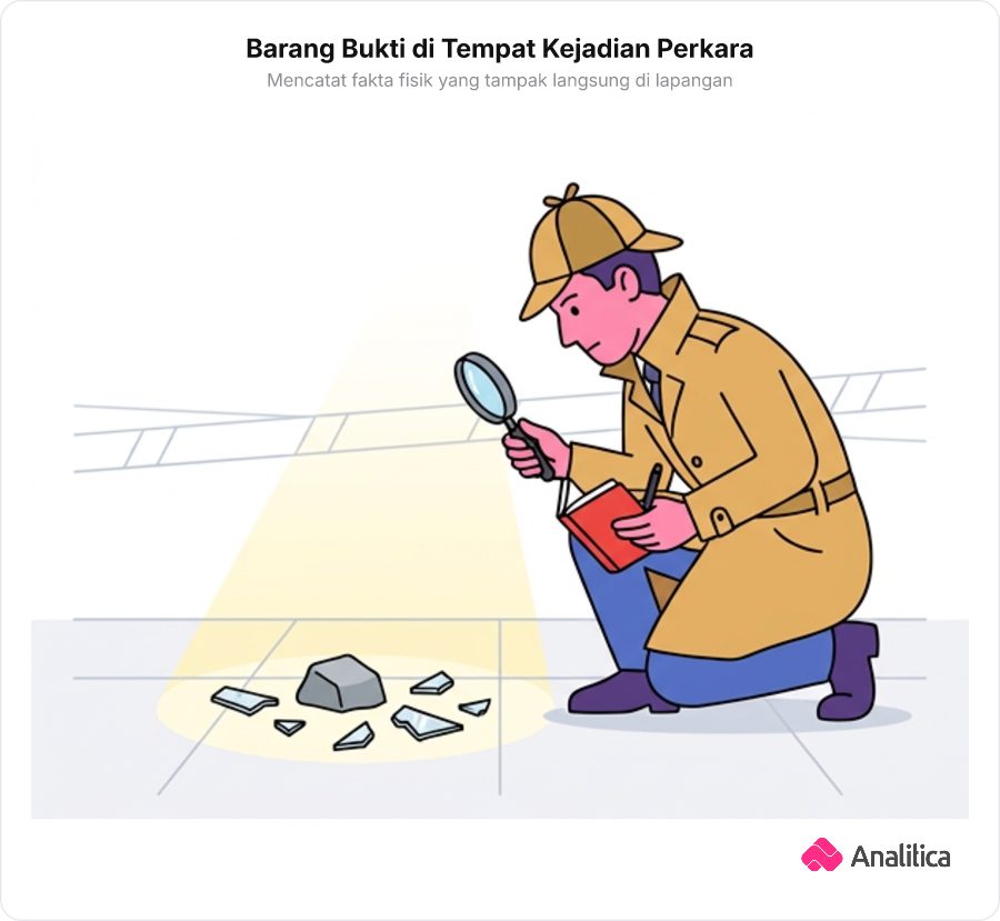 Ilustrasi seorang detektif sedang memeriksa barang bukti pecahan kaca dan batu di lantai tanpa teks