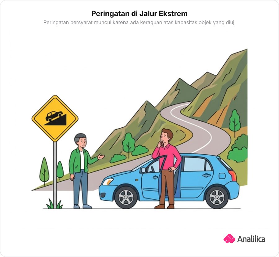 Ilustrasi seseorang menunjuk rambu bahaya tanjakan curam kepada temannya di samping mobil biasa