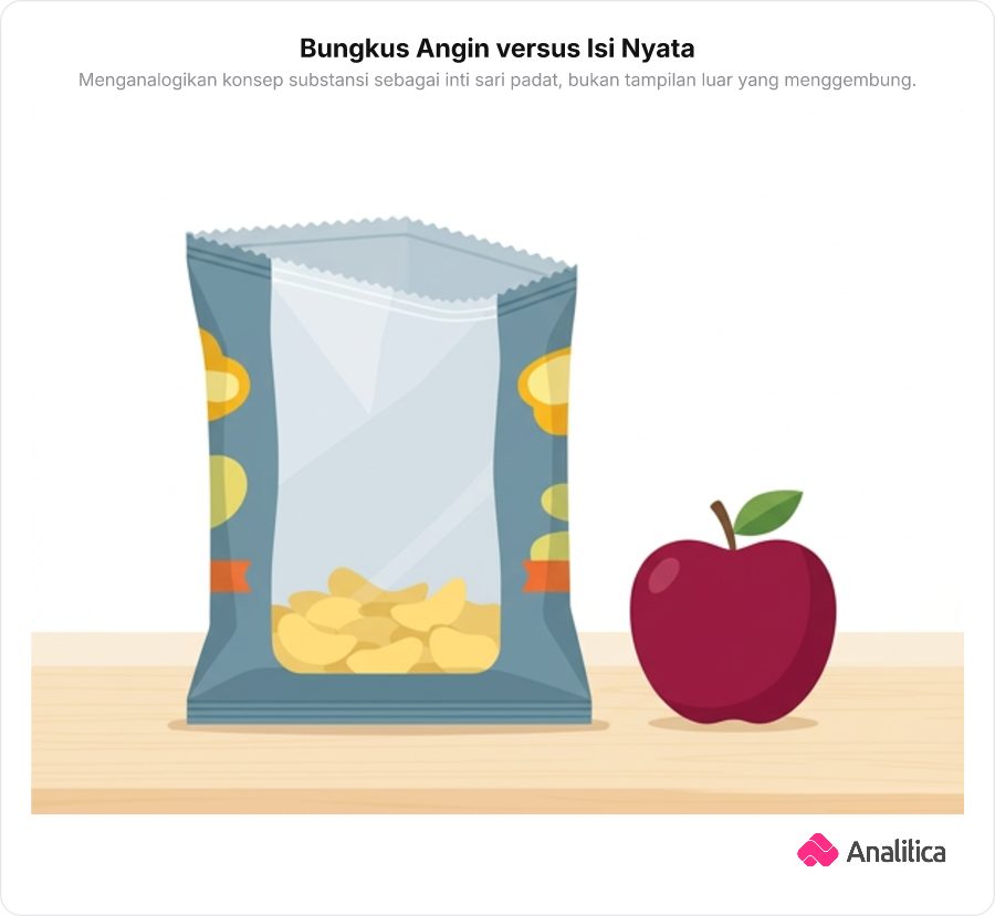 Sebungkus makanan ringan keripik terbuka yang didominasi udara dan sedikit keripik, disandingkan dengan buah apel merah padat utuh.