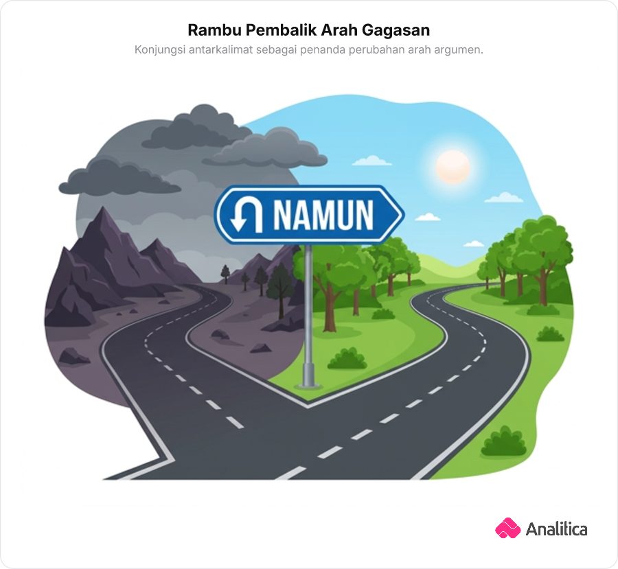 Ilustrasi jalan raya dengan rambu putar balik bertuliskan Namun yang memisahkan sisi cerah dan sisi mendung