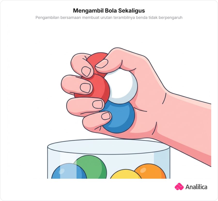 Ilustrasi satu tangan menggenggam tiga bola warna-warni sekaligus secara acak